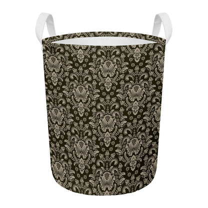 Brown Damask Pattern Print Round Laundry Basket
