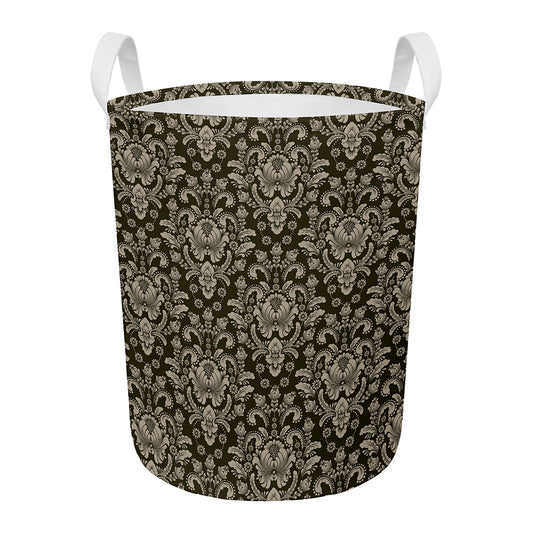 Brown Damask Pattern Print Round Laundry Basket