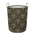 Brown Damask Pattern Print Round Laundry Basket