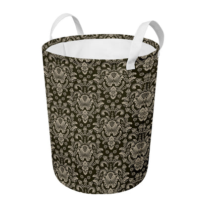 Brown Damask Pattern Print Round Laundry Basket