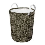 Brown Damask Pattern Print Round Laundry Basket