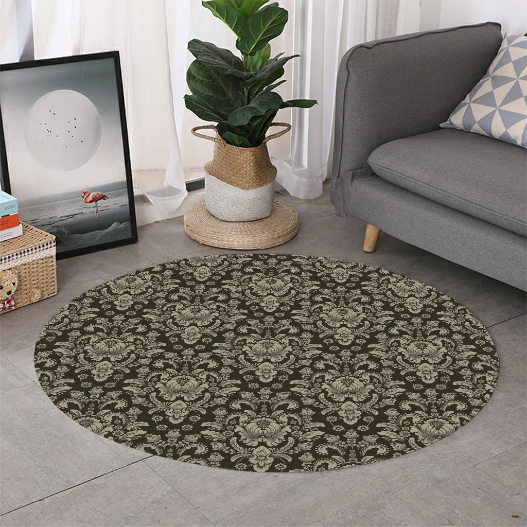 Brown Damask Pattern Print Round Rug