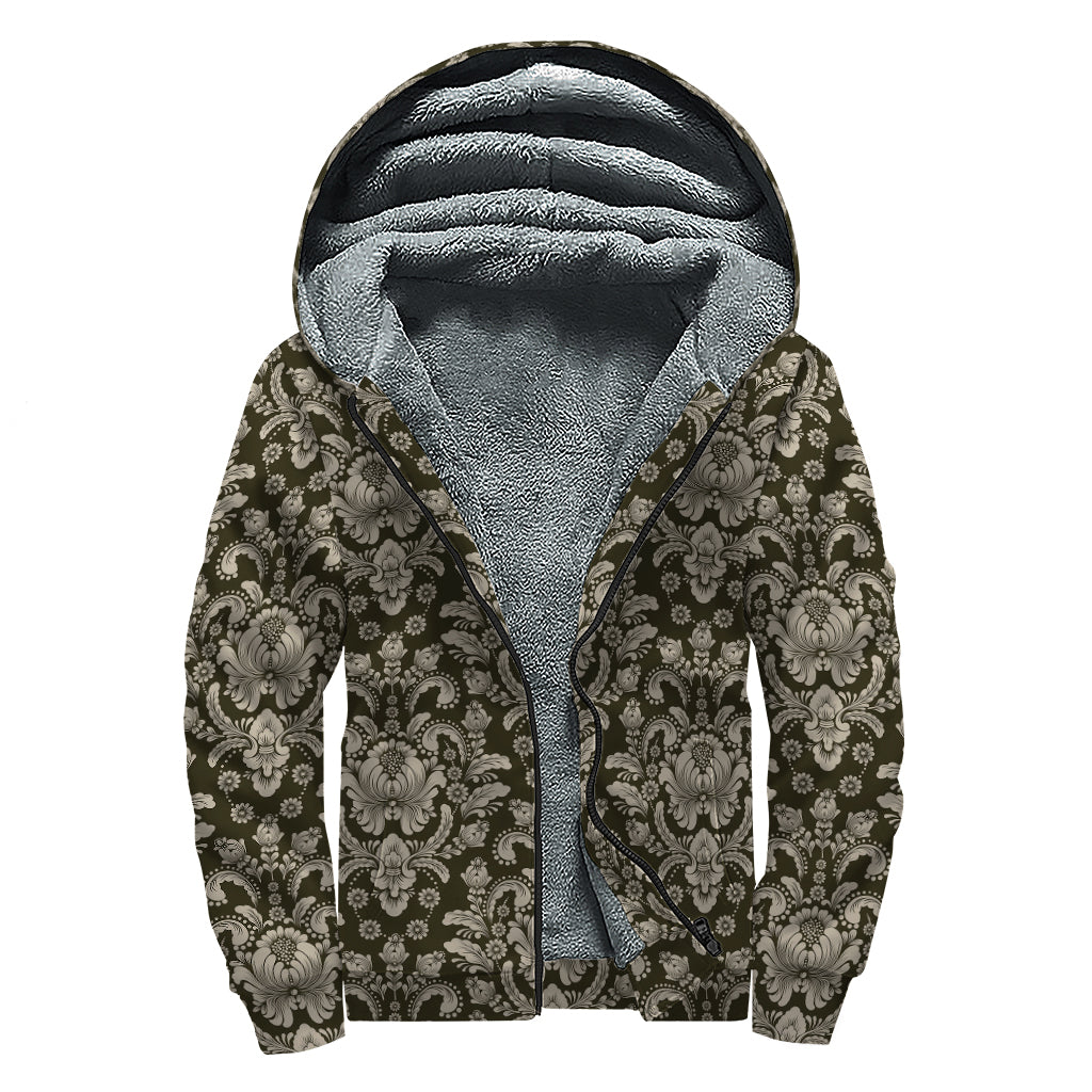 Brown Damask Pattern Print Sherpa Lined Zip Up Hoodie