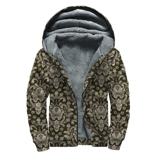 Brown Damask Pattern Print Sherpa Lined Zip Up Hoodie