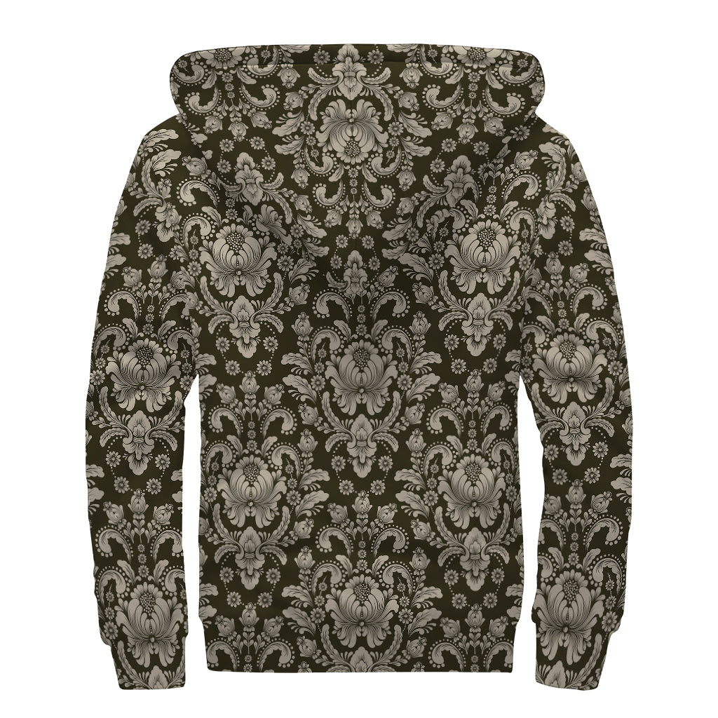 Brown Damask Pattern Print Sherpa Lined Zip Up Hoodie