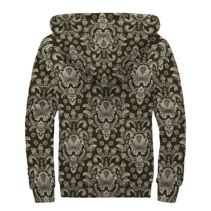 Brown Damask Pattern Print Sherpa Lined Zip Up Hoodie
