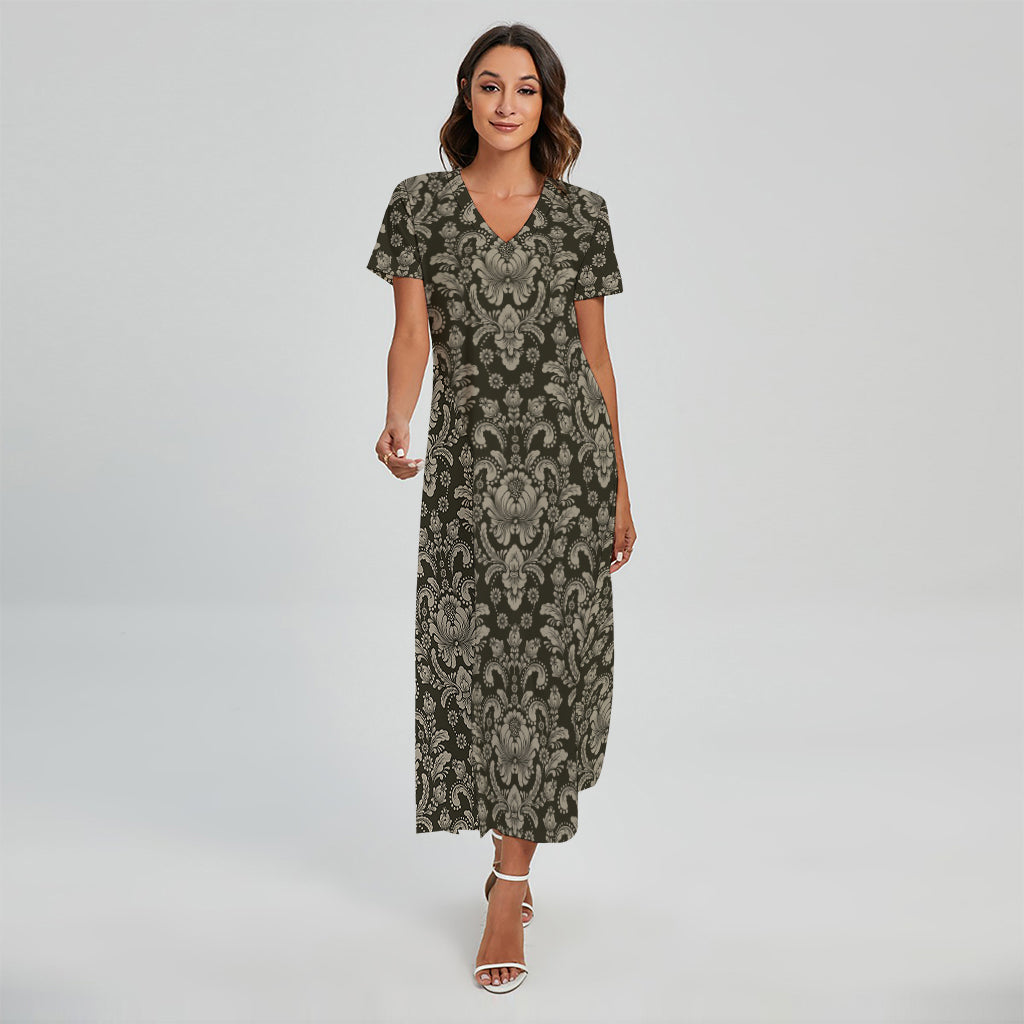 Brown Damask Pattern Print Short Sleeve Maxi Dress