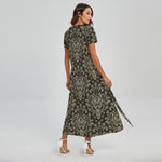 Brown Damask Pattern Print Short Sleeve Maxi Dress