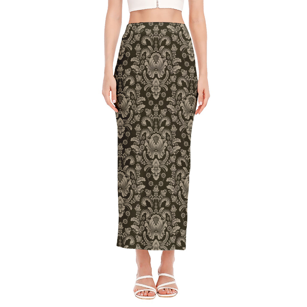 Brown Damask Pattern Print Side Slit Maxi Skirt
