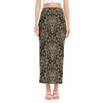 Brown Damask Pattern Print Side Slit Maxi Skirt