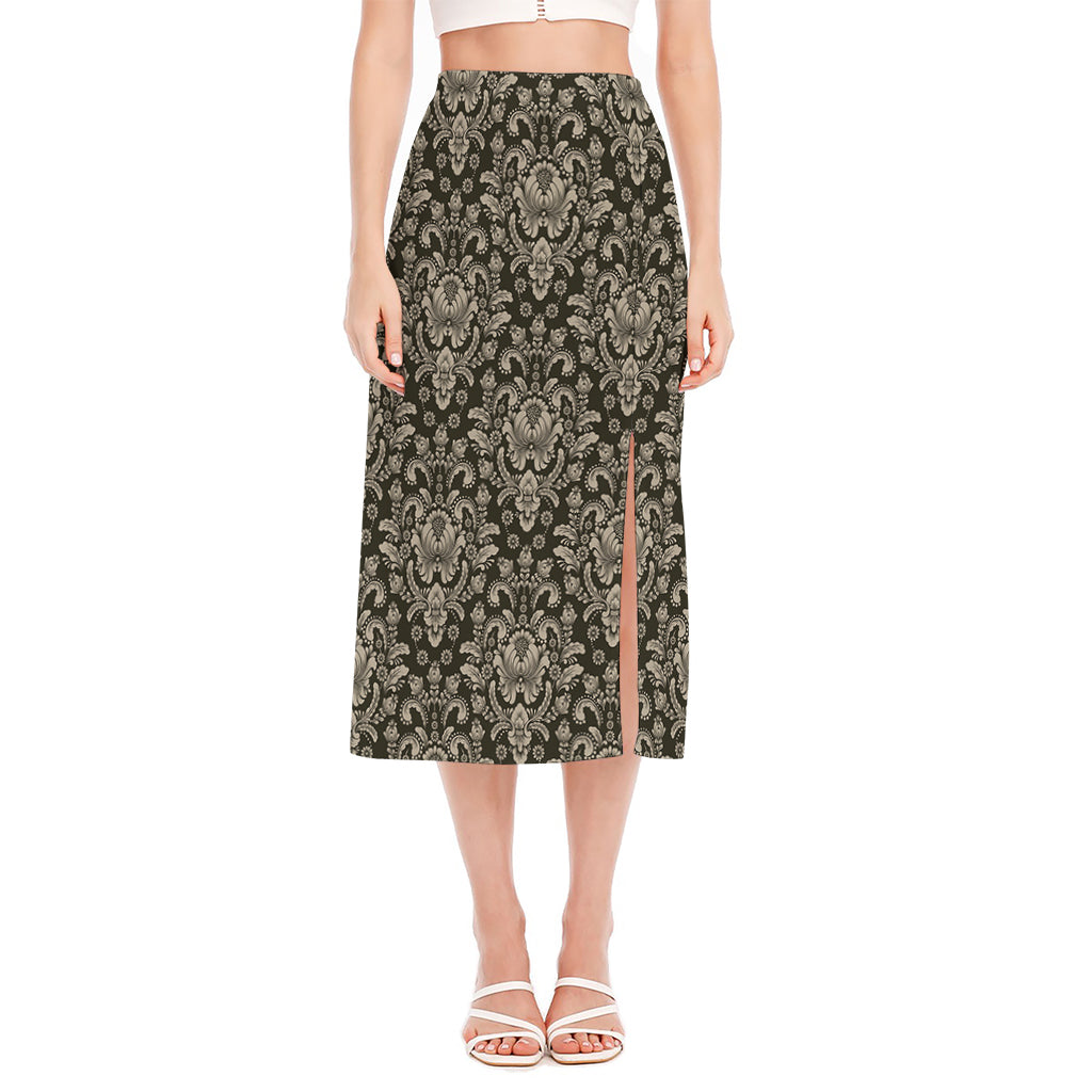 Brown Damask Pattern Print Side Slit Midi Skirt