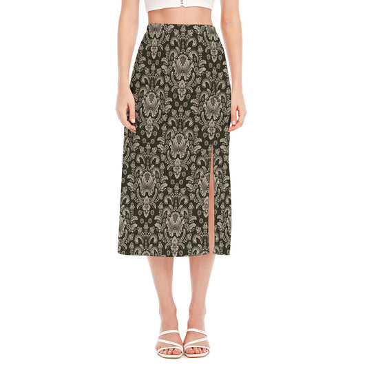 Brown Damask Pattern Print Side Slit Midi Skirt