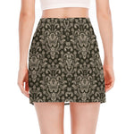 Brown Damask Pattern Print Side Slit Mini Skirt