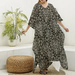 Brown Damask Pattern Print Silk V-Neck Kaftan Dress