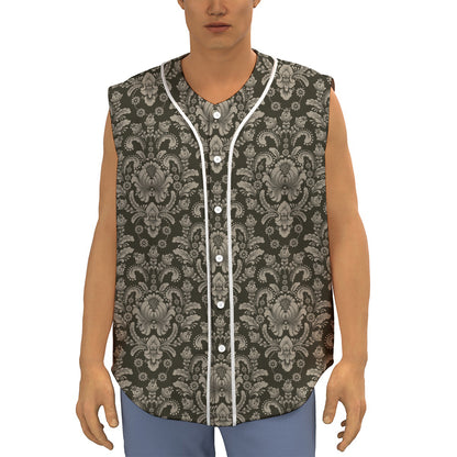 Brown Damask Pattern Print Sleeveless Baseball Jersey