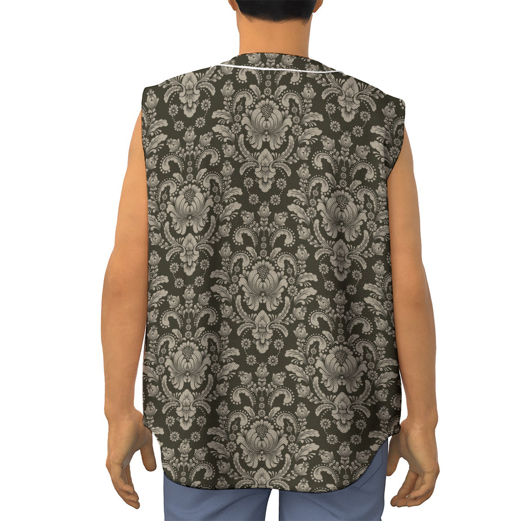 Brown Damask Pattern Print Sleeveless Baseball Jersey