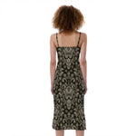 Brown Damask Pattern Print Slim Fit Midi Cami Dress