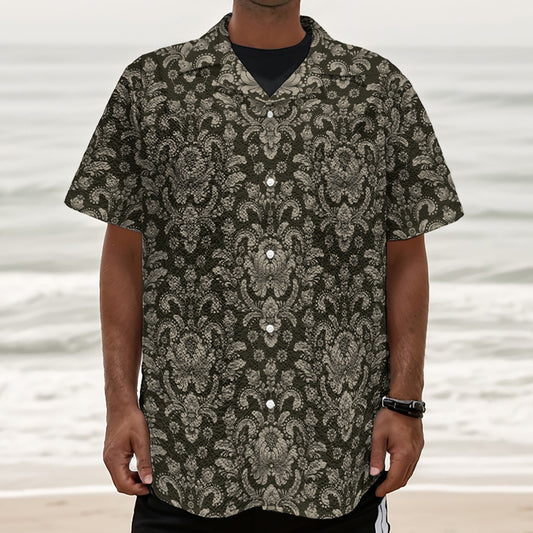 Brown Damask Pattern Print Textured Short Sleeve Shirt