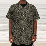 Brown Damask Pattern Print Textured Short Sleeve Shirt
