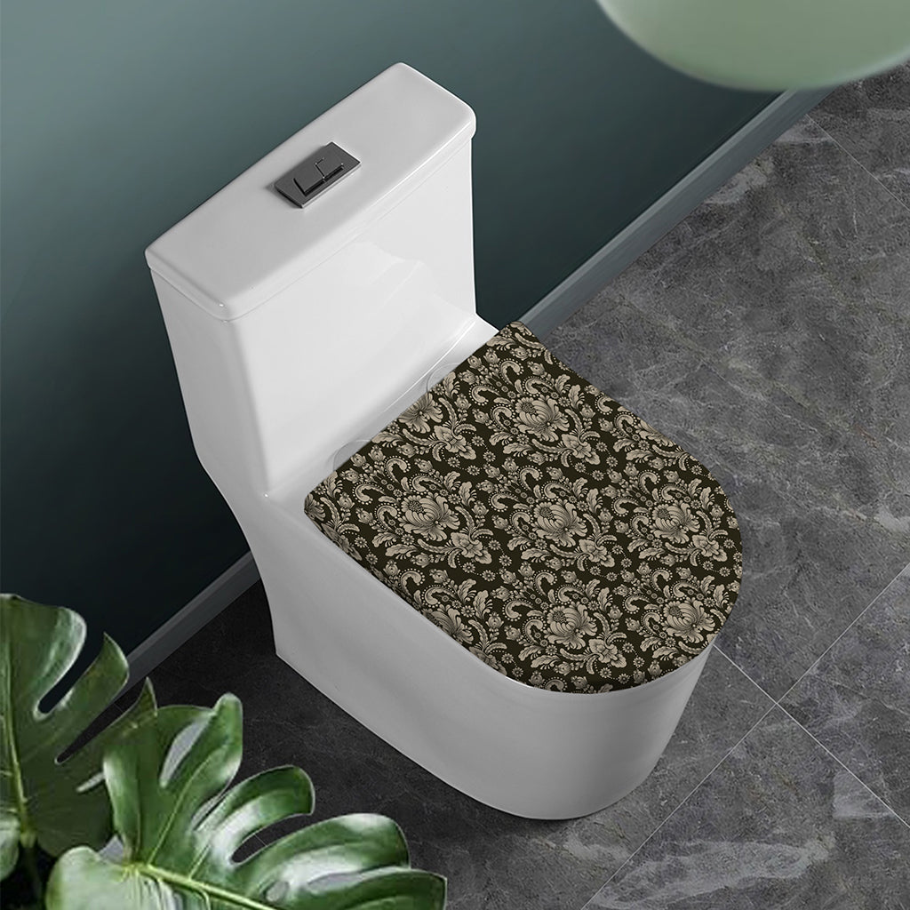 Brown Damask Pattern Print Toilet Lid Cover