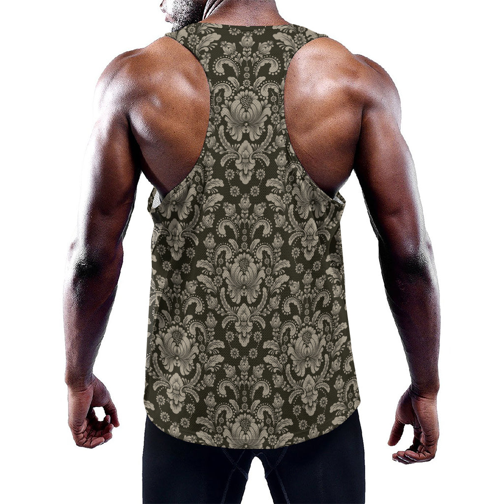 Brown Damask Pattern Print Training Tank Top