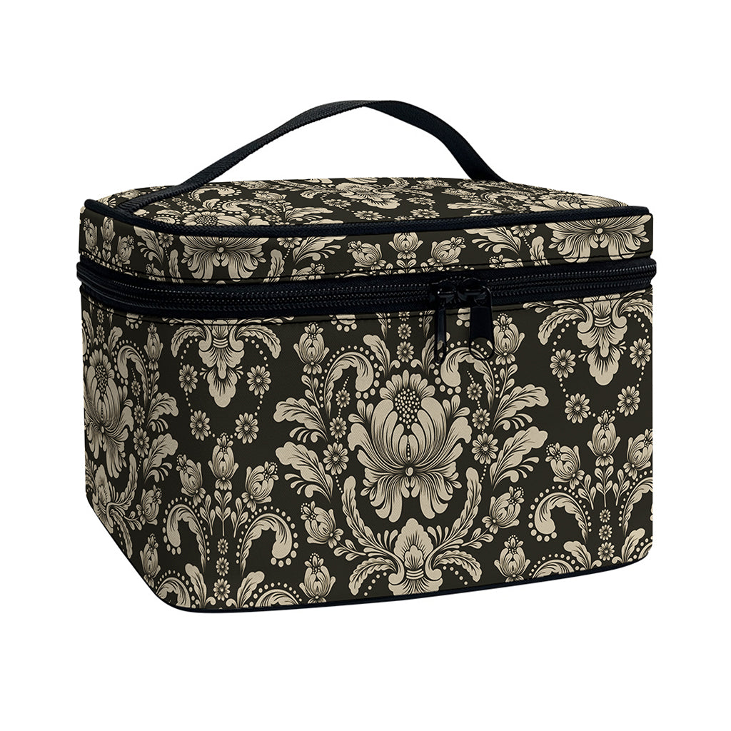 Brown Damask Pattern Print Travel Makeup Bag