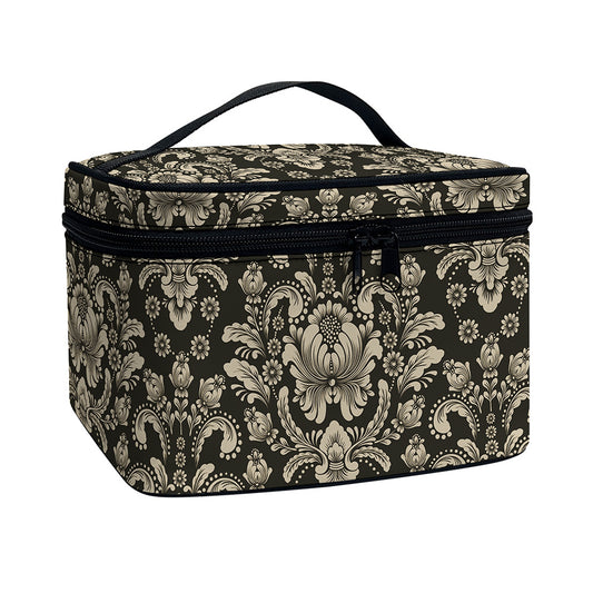 Brown Damask Pattern Print Travel Makeup Bag
