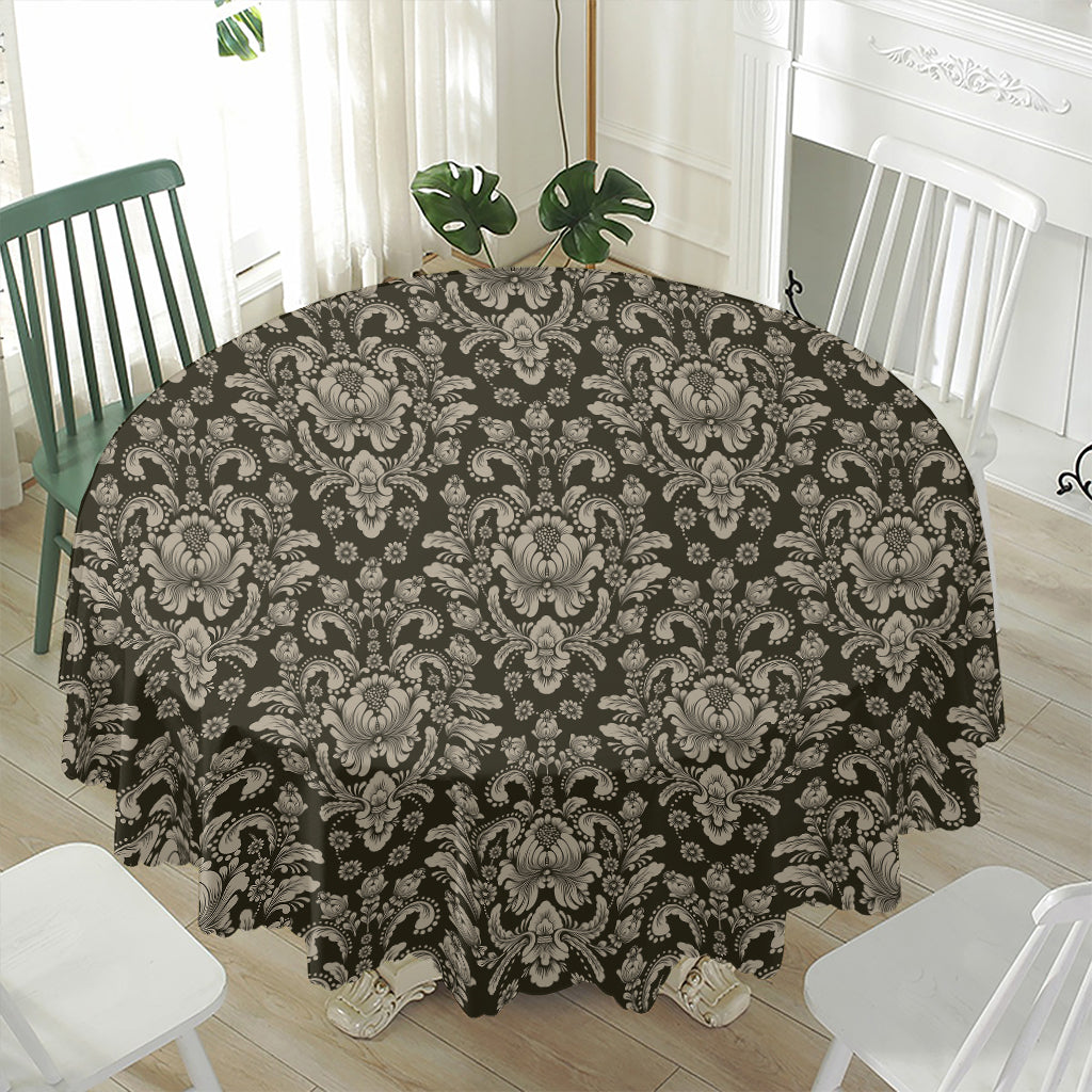Brown Damask Pattern Print Waterproof Round Tablecloth
