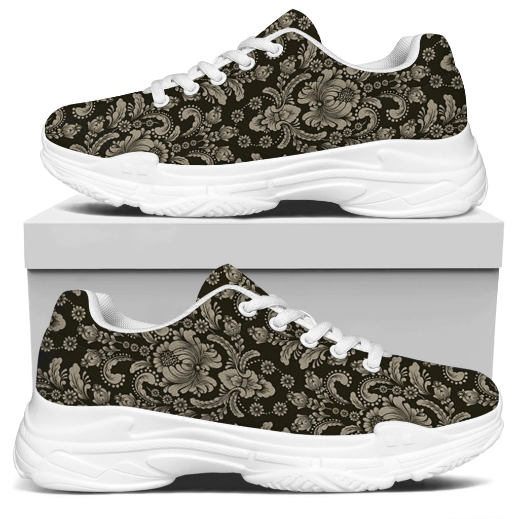 Brown Damask Pattern Print White Chunky Shoes