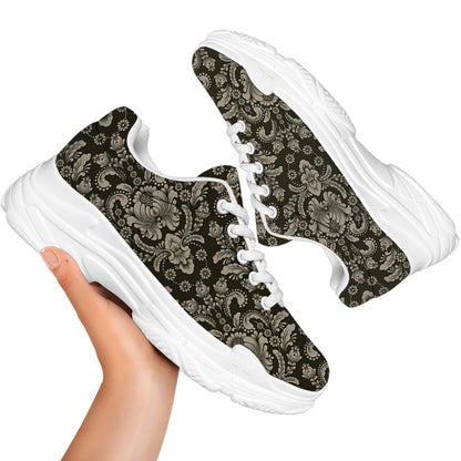 Brown Damask Pattern Print White Chunky Shoes