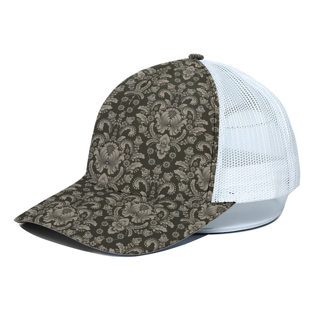 Brown Damask Pattern Print White Mesh Trucker Cap