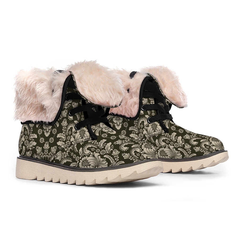 Brown Damask Pattern Print Winter Boots