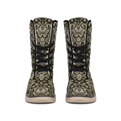 Brown Damask Pattern Print Winter Boots