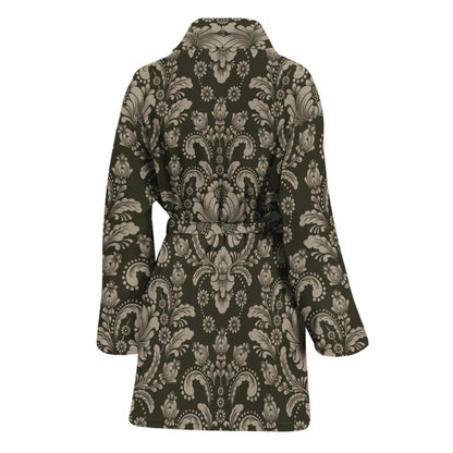Brown Damask Pattern Print Women's Bathrobe