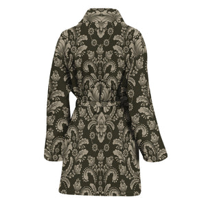 Brown Damask Pattern Print Women's Bathrobe