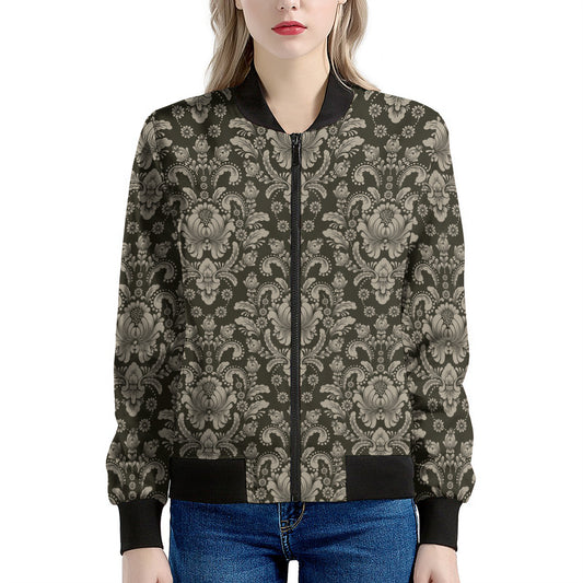 Brown Damask Pattern Print Women's Bomber Jacket