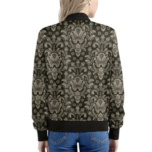 Brown Damask Pattern Print Women's Bomber Jacket