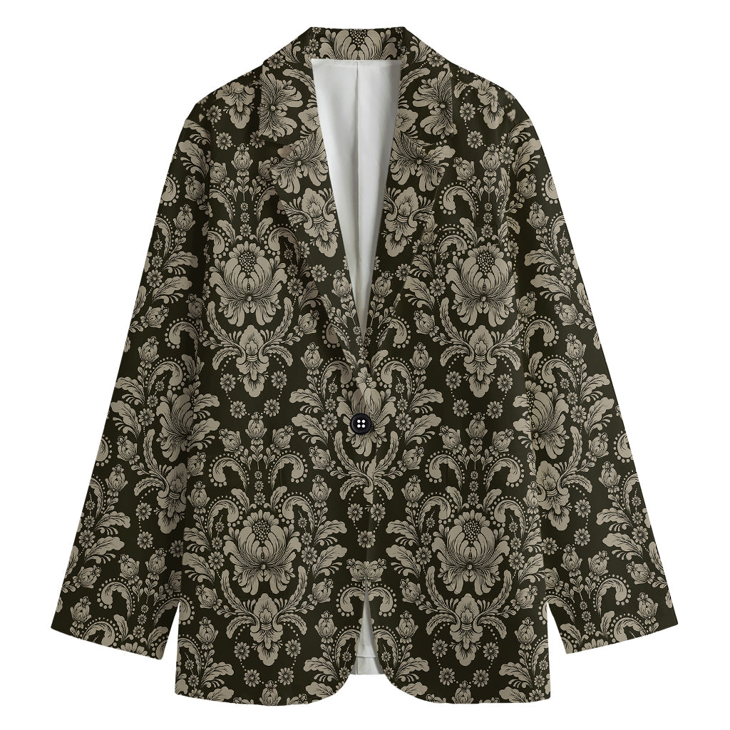 Brown Damask Pattern Print Women's Cotton Blazer