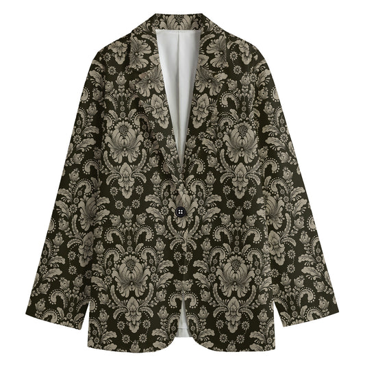 Brown Damask Pattern Print Women's Cotton Blazer