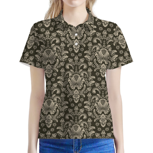 Brown Damask Pattern Print Women's Polo Shirt