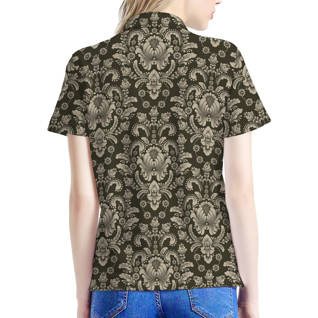 Brown Damask Pattern Print Women's Polo Shirt