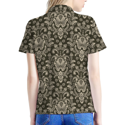 Brown Damask Pattern Print Women's Polo Shirt