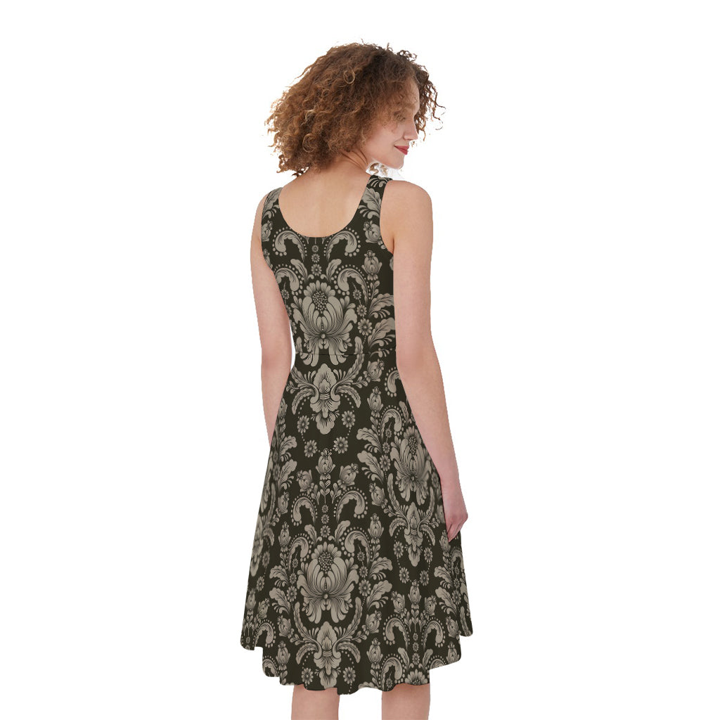 Brown Damask Pattern Print Women's Sleeveless Dress