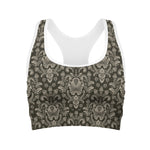 Brown Damask Pattern Print Women's Sports Bra