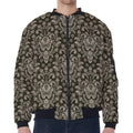 Brown Damask Pattern Print Zip Sleeve Bomber Jacket