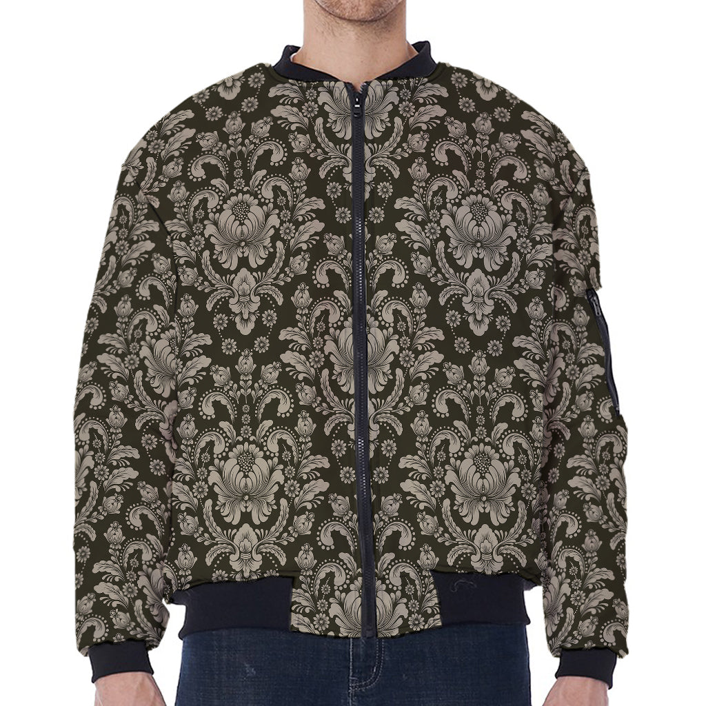 Brown Damask Pattern Print Zip Sleeve Bomber Jacket