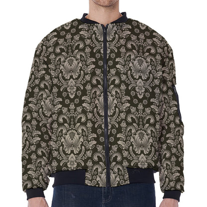 Brown Damask Pattern Print Zip Sleeve Bomber Jacket