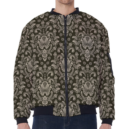 Brown Damask Pattern Print Zip Sleeve Bomber Jacket