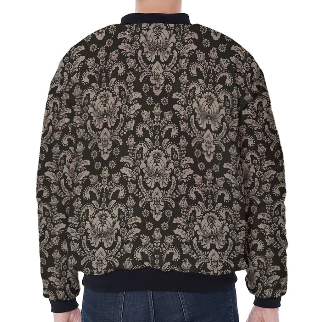 Brown Damask Pattern Print Zip Sleeve Bomber Jacket