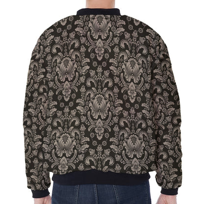 Brown Damask Pattern Print Zip Sleeve Bomber Jacket